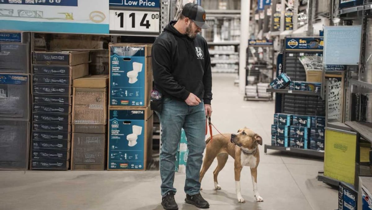 Trainer working obedience around grocery store distractions